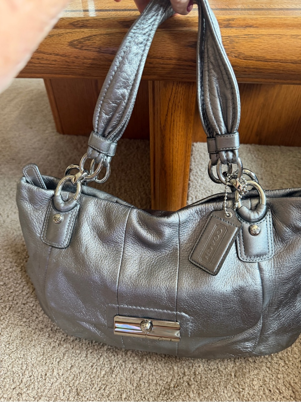 Coach Metallic Pewter Leather Shoulder Bag